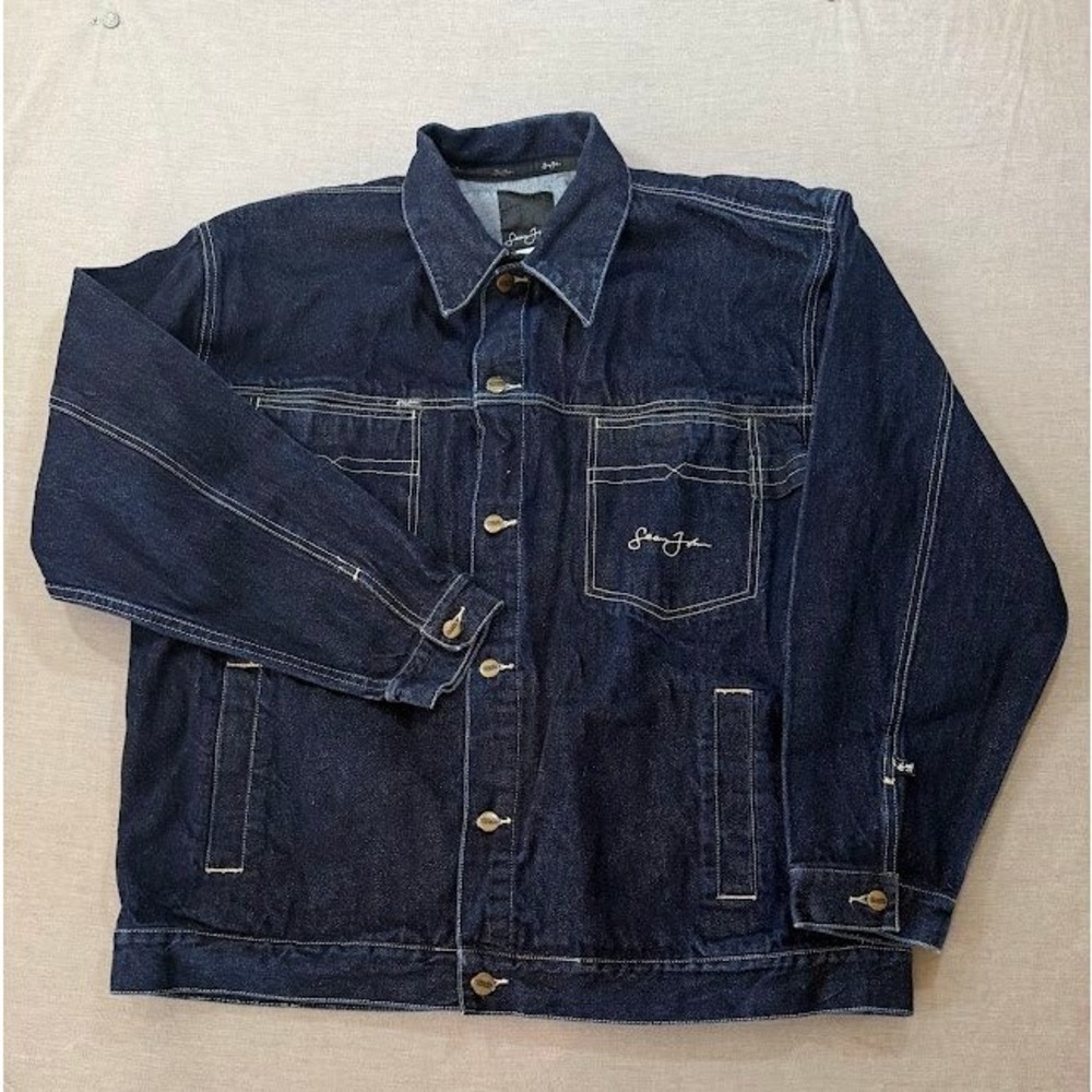 Sean John Dark Blue Denim Jean Jacket Mens XL Embroidered Logo Button‎ Up 90s